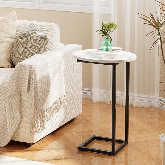 C Shaped End Side Table, Small Oval Couch Sofa Table for Bed, Snack Side Table with Metal Frame, TV Tray Table with White Marble for Small Space, Living Room, Bedroom, Bedside, Black