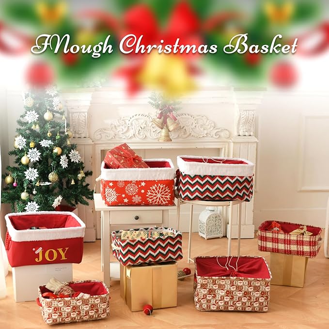 INough Christmas Ornament Storage Box Holiday Decoration Organizer, Christmas Basket for Kids Large Gifts Baskets Empty with Handles Christmas Santa Sack with Drawstring (Large, Snowflake)