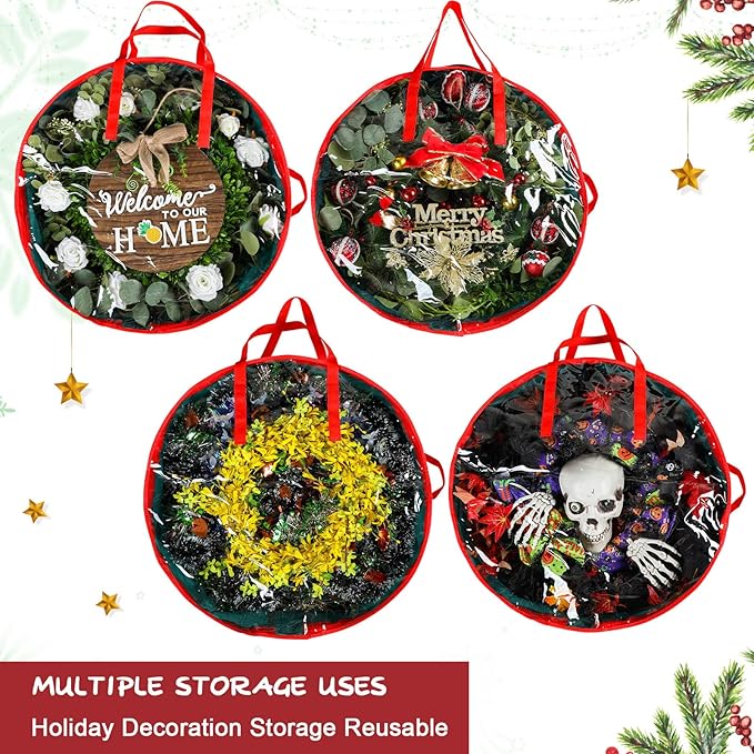 Coume 4 Pcs Christmas Wreath Storage Bag Garland Wreaths Container with Clear Window for Xmas Holiday Decorations Storage Protection Bags Resistant Water Box (24 Inch Diameter,7 Inch High)