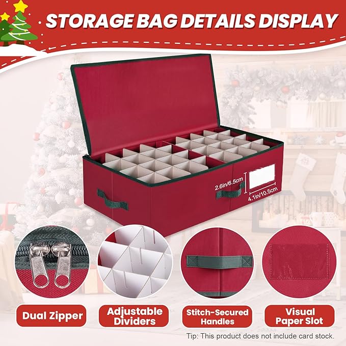 BlessedSeason Christmas Ornament Storage Box with Adjustable Dividers, Cube Storage Containers Organizer *2, Stackable Storage Bins Fit Balls (36 PCS 4’’ & 64 PCS 3”) Dual Zipper, Handles, Visual Slot