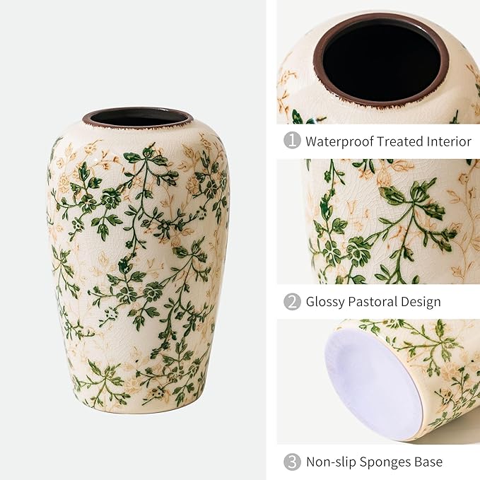 for Mom from Daughter or Son, Vintage Pastoral Green Ceramic Flower Vase 8.5”, Rustic Cottage Core Decor for Living Room, Bookshelf, Office, Mantel & Table Centerpiece
