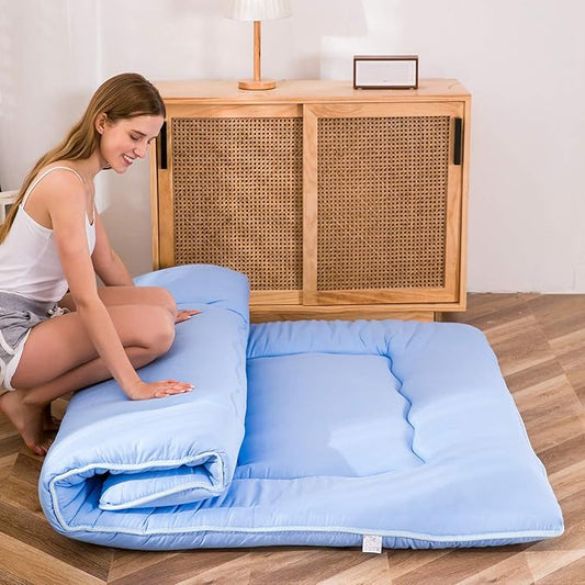 MAXYOYO Japanese Floor Mattress Futon Mattress, Thicken Sleeping Pad Foldable Roll Up Floor Futon for Adults Tatami Mat Dormitory Lounger, Dusty Blue, Full Size
