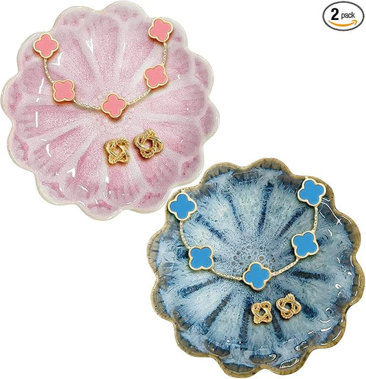 Lotus Ceramic Jewelry Tray, Small Trinket Jewelry Ring Holder Organizing Dish, for Parents Daughter Friends Sister, Birthday Gifts for Women, Retro Blue & Pink