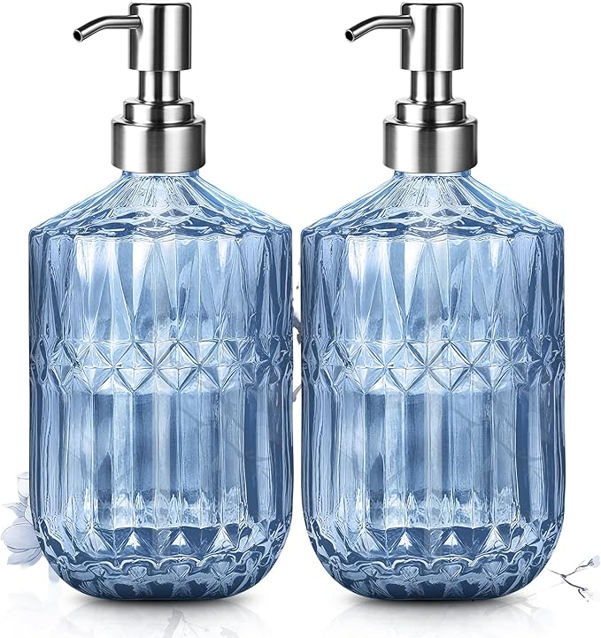 Kaishun 13 Oz Refillable Soap Dispenser, Glass Soap Dispenser for Dispense Hand Soap, Dish Soap, Lotion 2pack (Blue)