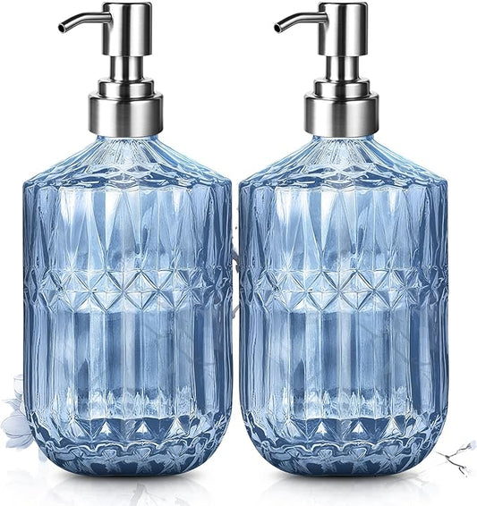 Kaishun 13 Oz Refillable Soap Dispenser, Glass Soap Dispenser for Dispense Hand Soap, Dish Soap, Lotion 2pack (Blue)