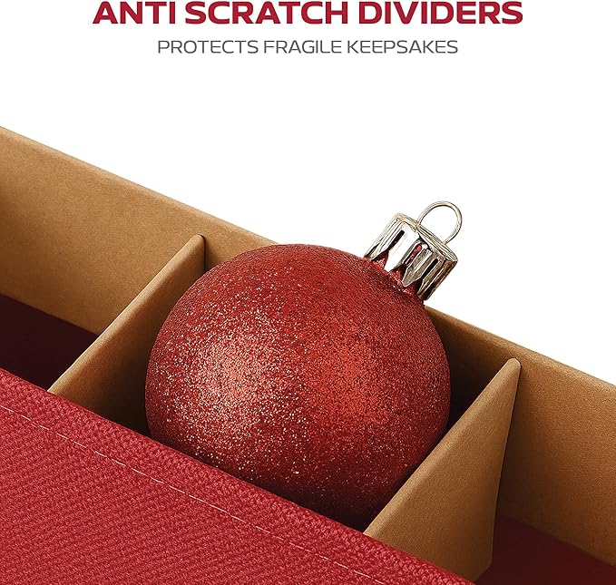 Large 128 Christmas Ornament Storage Box, Adjustable Compartment Dividers, Dual Zipper, Stackable Holiday Decorations Organizer with Lid, Xmas Durable Fabric Bin, Reinforced Handles Space-Saving (Red)