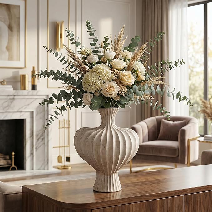Ceramic Flower Vase Home Decor,11" Rustic Vintage Clay Beige Heart Terracotta Vases Farmhouse Table Vases Living Room Decor Pottery Pots for Home Shelf Coffee Dining Desk Fireplace