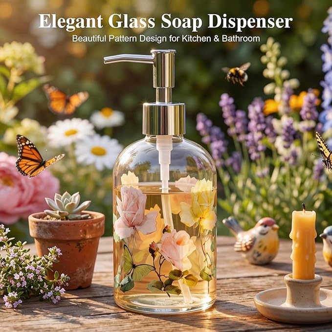 Glass Soap Dispenser Bottle with Pump,Refillable Liquid Hand Dispenser for Bathroom, Kitchen Soap Dispenser 17 oz