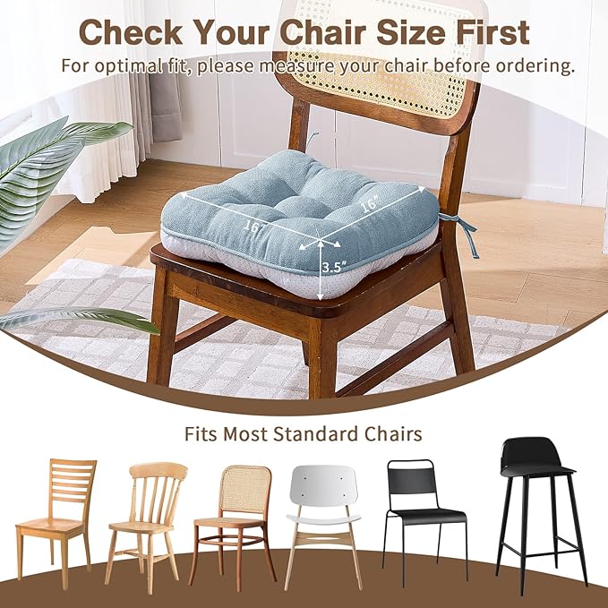 BETU Chair Cushions for Dining Chairs Set of 2,3.5" Thick Kitchen Table Chair Pads with Ties,Non Slip Backing and Covers, Seat Cushion for Dining Room,Bar,Patio Chairs,16"X16"X3.5",Smoky Blue