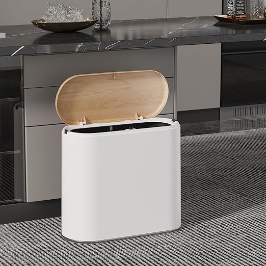 Small Bathroom Trash Can with Lid, 10L/2.6 Gal Slim Wastebasket - Odor & Pet Proof, Inner Bucket & Wood Grain Top, Plastic White Garbage Can for Kitchen, Bedroom, Living Room, Office, RV