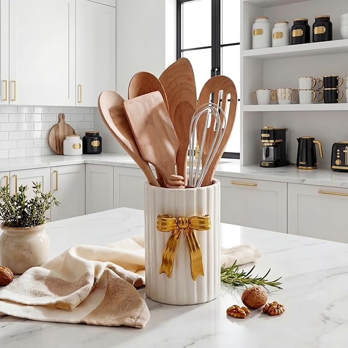 LemonRoad Ceramic Utensil Holder Kitchen Handmade Gold Bow 3D Cooking Utensil Crock with Scalloped Edge Design Vintage Retro Storage Caddy Organizer Vase Decor for Kitchen Accessories Countertop Gift