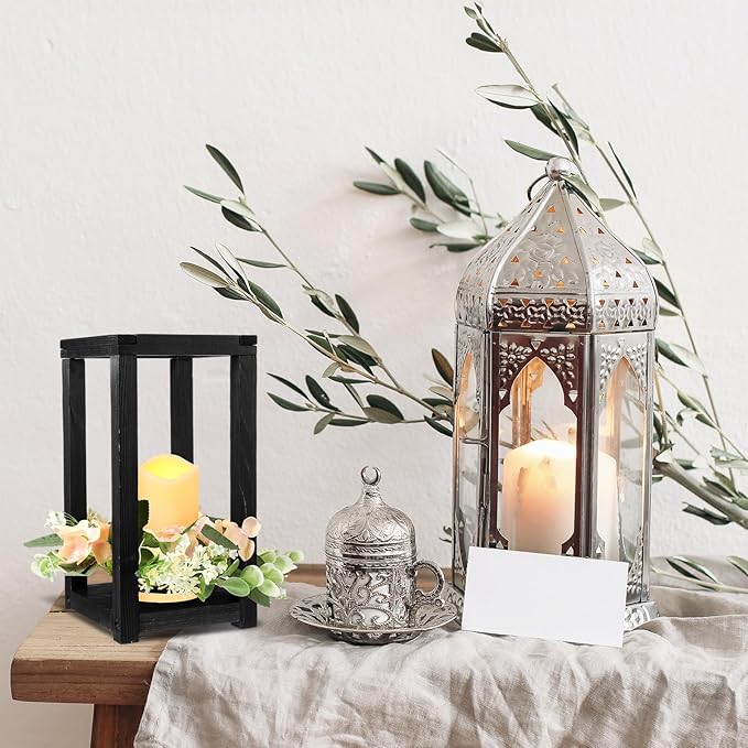 Hushee 30 Pcs Wooden Wedding Lantern Centerpiece Integrated Holders with Candles and Wreaths Rustic Wooden Candle Lantern Decor for Wedding Party Table Valentine Decor (Black)