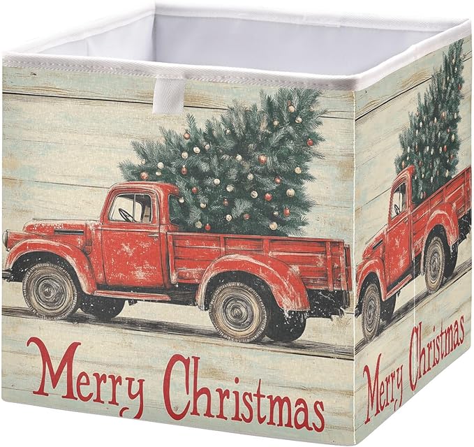 Red Truck Christmas Tree Fabric Storage Cubes Sturdy Shelf Closet Organizer Bin Decorative Storage Basket Box for Living Room Bathroom, 11x11 Inch