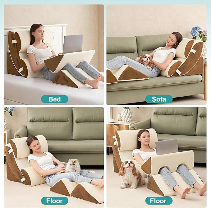 Hansleep Bed Wedge Pillow Set for After Surgery 6PCS, Post Surgery Pillow for Sleep Apnea and Acid Reflux Relief, Adjustable Reading Pillows Back Support with Memory Foam, Beige, 23"