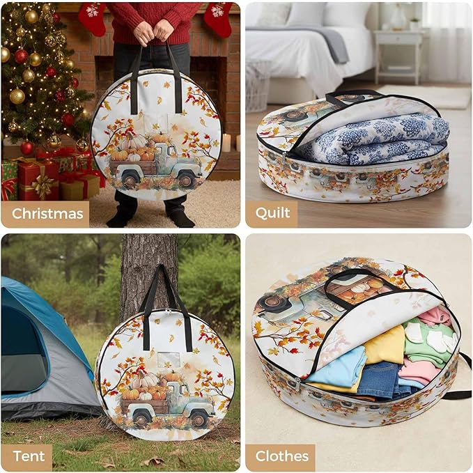 Thanksgiving Pumpkin Round Storage Bag 24 Inch, Truck Fall Maple Leaves Clothes Storage Container with Handles Heavy Duty Organizer for Comforter, Bedding & Holiday Wreaths