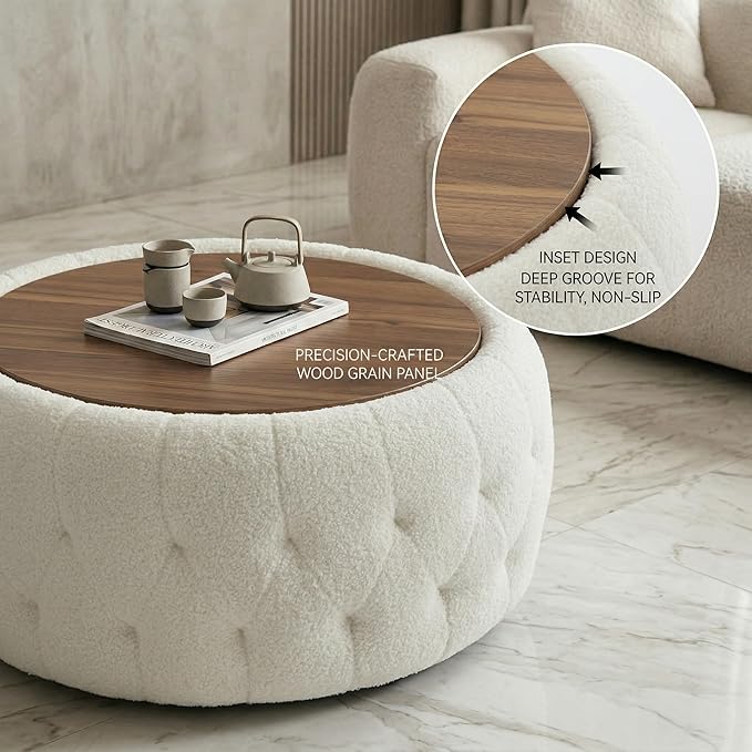Large Round Storage Ottoman Coffee Table with Wooden Tabletop, 30.5 Inches Teddy Fleece Tufted Ottoman for Living Room, Bedroom, Apartments (White)