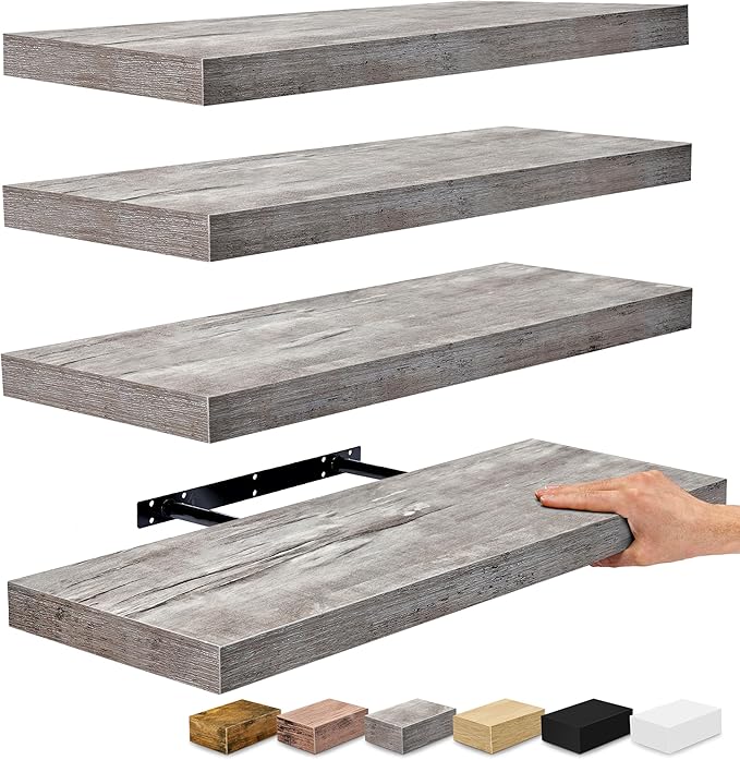Sorbus Floating Shelves for Wall - 24" Bathroom Shelves, Wall Decor for Bedroom, Kitchen, Living Room, Home Decor & Book Storage - Mounted Floating Shelf with Invisible Brackets (Gray, 4 Pack)