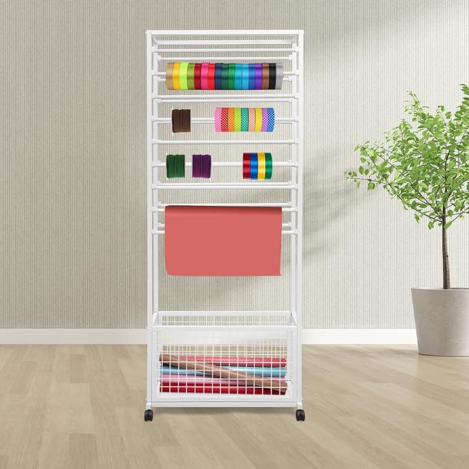 Mobile Ribbon Holder Double-Sided Ribbon Organizer Rack with 20 Hanging Rods Multifunctional Flower Wrapping Paper Storage Stand with Lockable Wheels Wrapping Paper Rack (26.38*12.6*66.93in, White)