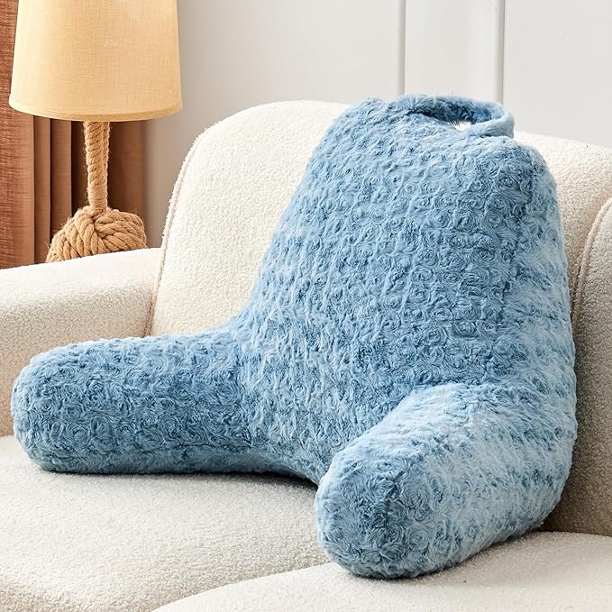 Reading Pillow,Rose Velvet Back Pillow with Arms for Bed Sitting Up, Bed Pillow for Adult Children, Backrest Pillows with Washable Cover, Chair Pillow for Watching TV/Gaming/Relaxing (Lake Blue)