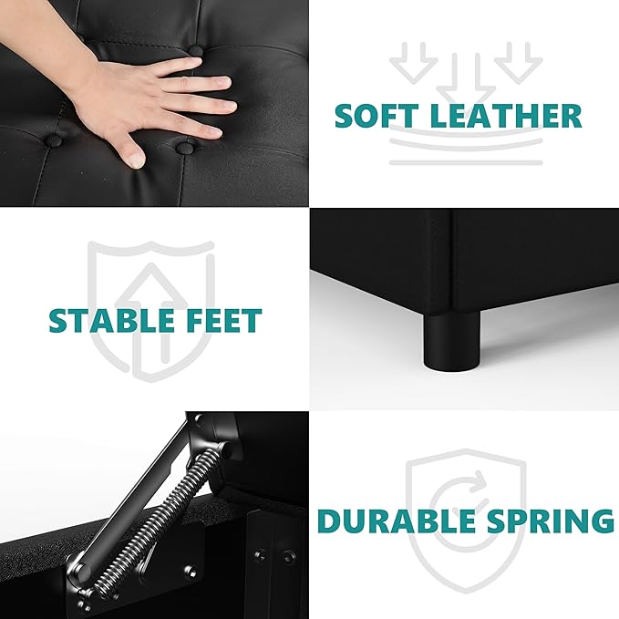 LINLUX 35.5 Inch Large Leather Storage Ottoman, Extra Large Square Lift Top Ottoman Coffee Table with Storage, Tufted Leather Ottoman Footrest Toy Box for Living Room, Black
