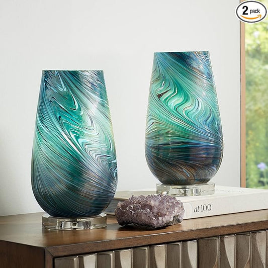 360 Lighting Carmen Modern Accent Table Lamps 12 1/2" High Set of 2 Green Clear Crystal Swirl Art Glass Shade for Bedroom Living Room Nightstand Bedside Night Stand Office Kids Room
