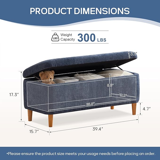39.4”Ottoman with Storage Set of 2,Upholstered Comfy Storage Bench Ottoman with Wooden Legs,End of Bed Bench Footstool for Hallway Entryway Bedroom Living Room Corner Blue