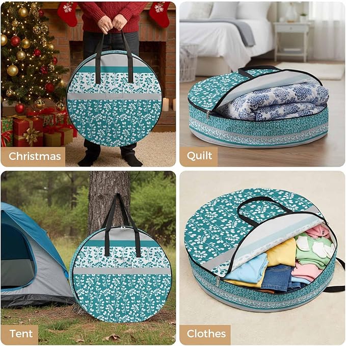 Storage Bag Turquoise Grey Leaves Round Storage Totes Bins Closet Organizers with Zippers & Handle Stitching Stripes Clothes Storage Container for Bedroom Dorm Space Saving Packing Supplies Bags