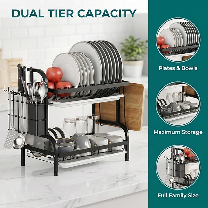 2-Tier Stainless Steel Dish Drying Rack Space Saving Kitchen Organizer for Counter, in-Sink, or Over-Sink Use, Includes Removable Drain Tray, Cutlery Holder,Utensil Holder Black