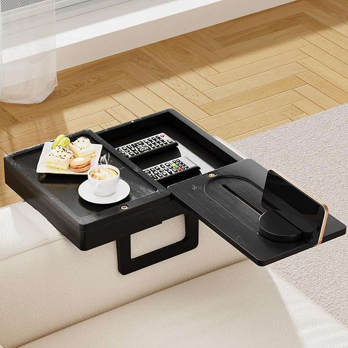 Bamboo Couch Arm Tray, 2 Rotating Trays with 360° Phone Holder & Storage Box, Black Adjustable Clip On Sofa Table for Snacks, Drinks, Fits Wide Armrests (Up to 10")