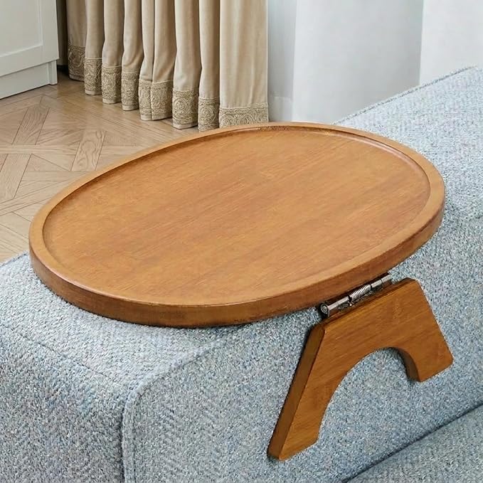 DETOR Clip-On Couch Armrest Table, 13.4" x 10" Oval Shape, Caramel Bamboo Finish, Stainless Steel Hinges, Odor-Free Non-Slip Pads, Fits 6"–10" Armrests