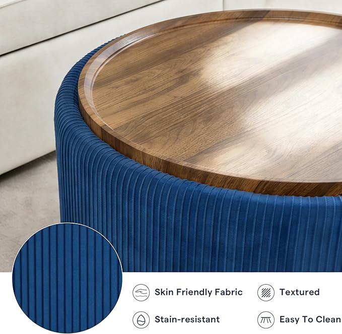 29.5 Inch Round Storage Ottoman Coffee Table,Modern Circle Coffee Table with Storage with Removable Lid Top and Solid Wood Legs,Large Round Ottoman for Bedroom,Living Room,Velvet,Blue