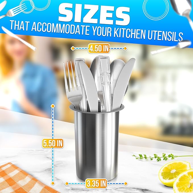 Countertop Utensil Holder Stainless Steel - 5.5 x 4.5" Stainless Steel Utensil Holder for Kitchen and Bars, Odor and Rust Resistant, Durable and Dishwasher Safe, Good for Home and Commercial Use