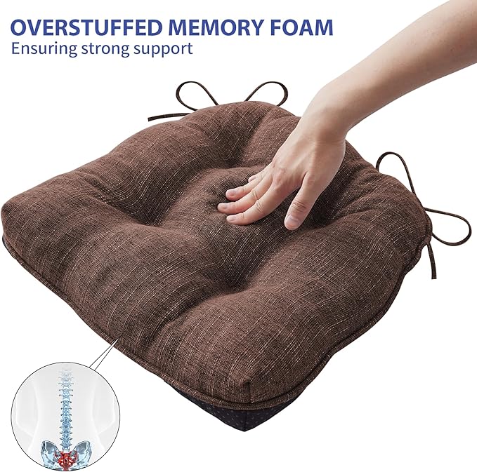 IPYNBAP Chair Cushions for Dining Chairs Set of 6, Kitchen Chair Cushions, Chair Pads with Ties and Non Slip Backing, Tufted Memory Foam Seat Cushion 6 Pack, 15.5" x 15.5" x 4", Brown