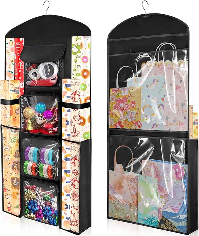 Woodoulogy Hanging Gift Wrapping Paper Storage, 40"X17" Black Double-Sided Christmas Wrapper Bag Container, Oxford Craft Roll Organizer, Present Wrap Holder for Bedroom Closet, Door, Cabinet