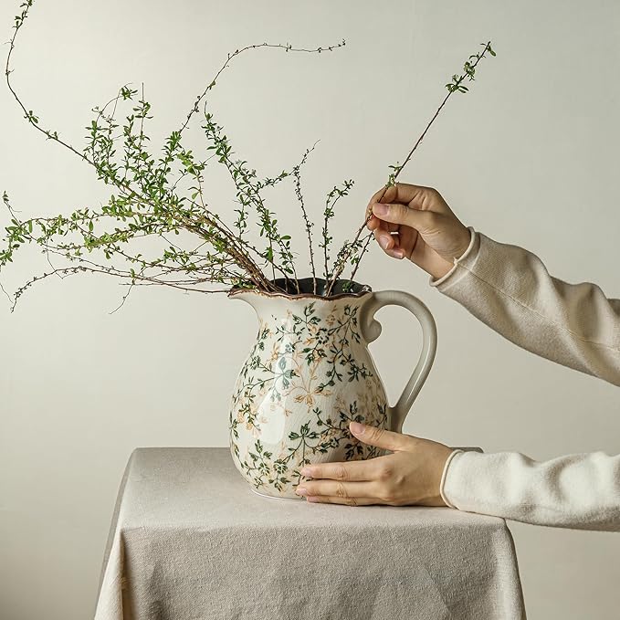 for Mom from Daughter or Son, Green Vintage Chinoiserie Ceramic Pitcher Vase with Handle 7.9”, Rustic Farmhouse Floral Decor for Living Room, Bookshelf, Office Decor