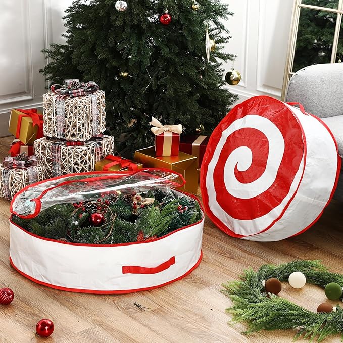 4 Pcs 30 Inch Christmas Wreath Storage Bag Candy Cane Wreath Storage Container Clear Window Dual Zipper Handle Red White Peppermint Garland Organizer for Holiday Decoration, Classic Lollipop