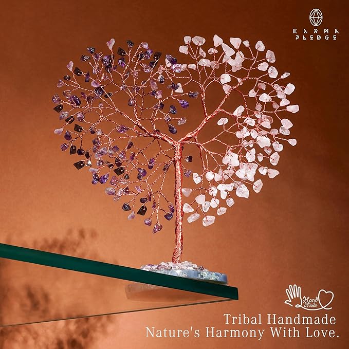 Handmade Healing Crystal Tree of Life Amethyst & Rose Quartz Chakra Tree for Money, Good Luck, Feng Shui Home Decor, Living Room Office Deocration, Unique Birthday Gifts for Women, Men, Mom