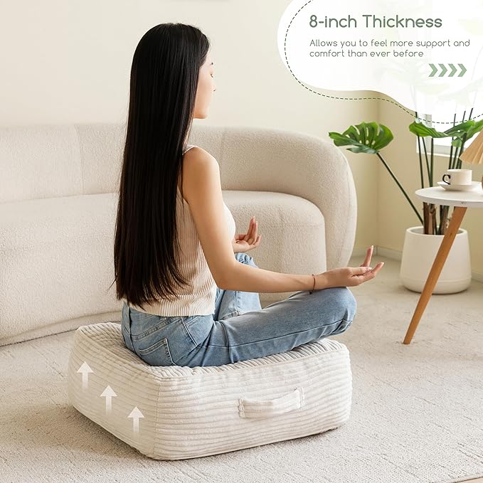 HIGOGOGO 8" Extra Thick Floor Pillow Cushion for Adults, Meditation Cushion Pillow, Large Square Floor Sitting, Tufted Corduroy Cover, for Tatami Living Room or Yoga, 22x22 Inch, Beige