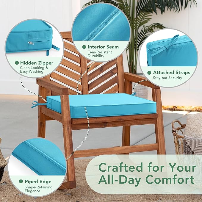 Summsun Outdoor Chair Cushions Set of 6: Waterproof & Fade Resistant Seat Cushion for Patio Furniture - 19 x 19 x 2 Inch Chair Pads with Ties and Hidden Zipper - Patio Chair Cushion Replacement, Teal