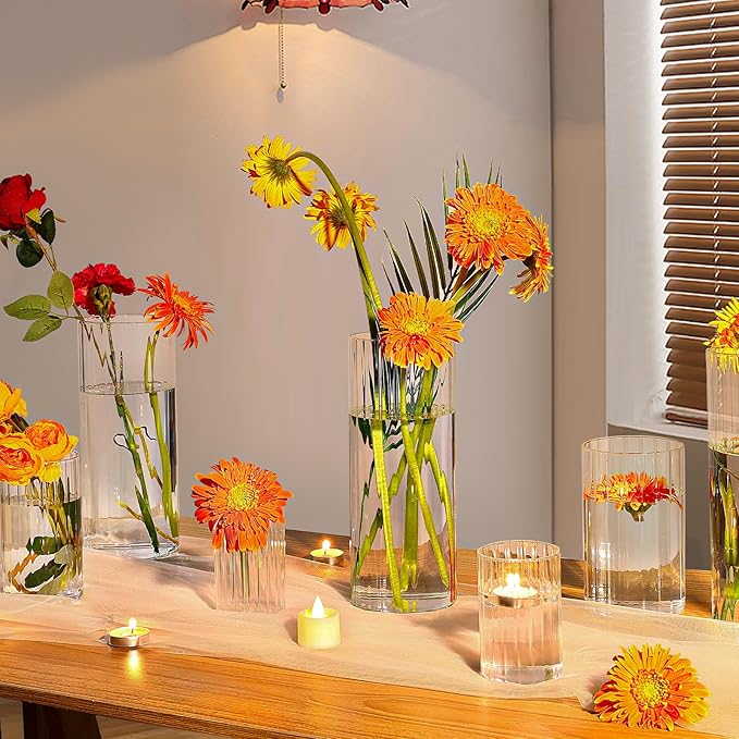 36 Pack Ribbed Glass Cylinder Vases 4,6,10 Inch Tall Clear Flower Vase Hurricane Floating Candle Holder for Table Centerpiece Wedding Home Decor