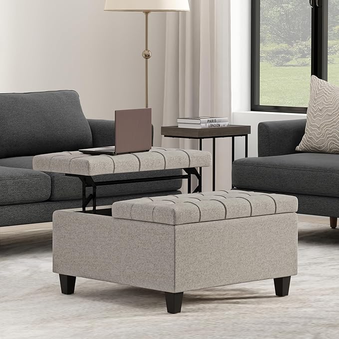SIMPLIHOME Harrison Small Coffee Table Storage Ottoman - 30 inch Wide Upholstered Linen Look Fabric Square Lift-Top Ottoman in Cloud Grey, Transitional Ottoman for Living Room with Hidden Storage