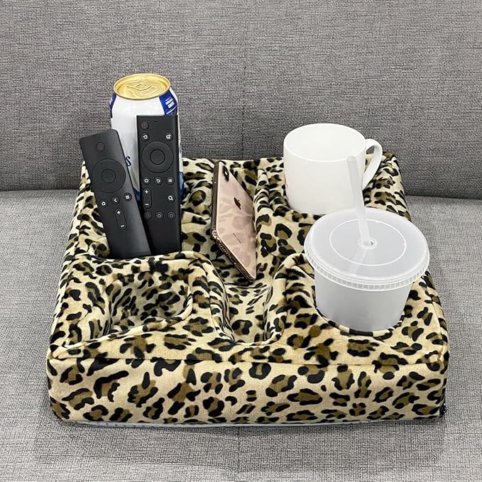 Couch and Bed Cup Holder Pillow, Sofa Refreshment Tray for Drinks/Remote Control/Snacks Holder (Leopard)