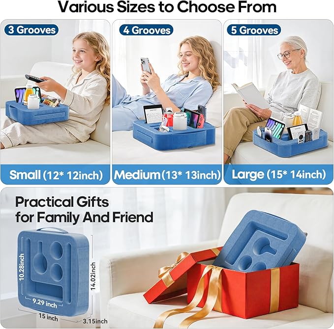Couch Cup Holder Tray, Couch Caddy for Drink, Snack, Phone, Remote, Ipad, Game Controller, Large-size Sofa Cup Holder for Bed, Sofa, Car, Desk, Blue