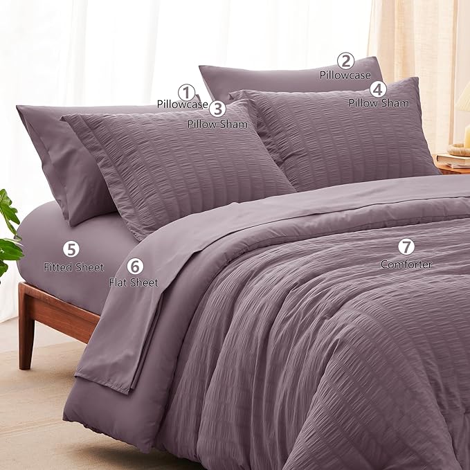 CozyLux Queen Comforter Set Dusty Purple Seersucker 7 Pieces Bed in a Bag Queen Comforter Set with Sheets, Grayish Purple Luxury Bedding Sets Down Alternative Comforter, Sheets, Pillowcases & Shams