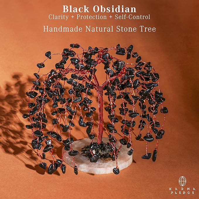 Chakra Tree of Life Birthday Gifts for Women, Home and Office Decor, Handmade Black Obsidian Crystal Tree for Money, Positivity, Reiki Healing, Spiritual Good Luck Gifts for Mom & Dad
