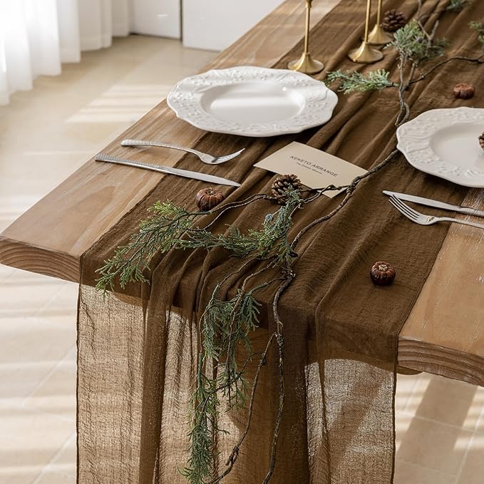 Keketoarrange Coffee Tan Gauze Rustic Cheesecloth Table Runner 120 Inch 10 FT for Wedding Baby Shower Bridal Shower Birthday Engagement Garden Outdoor Party Long Sheer Boho Decorations