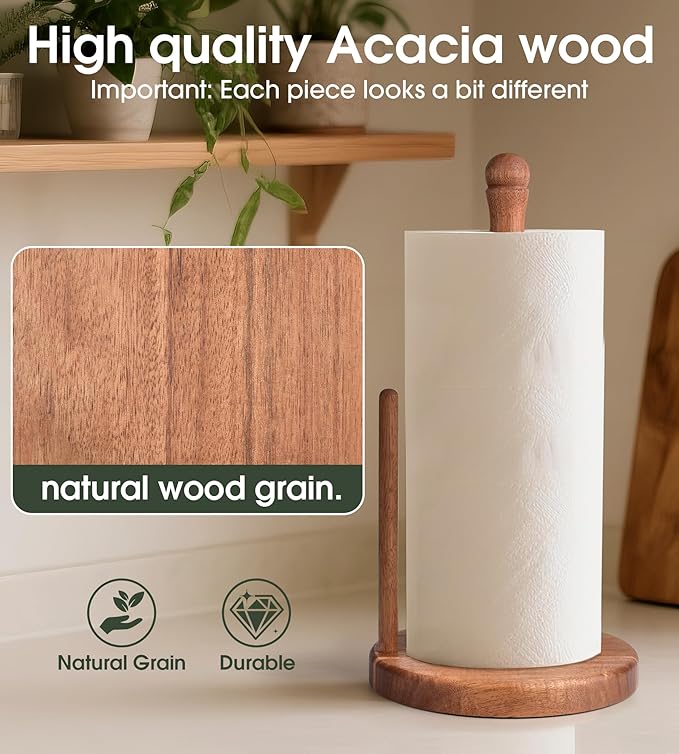 Farmhouse Acacia Wood Paper Towel Holder Countertop, Weighted Base for Kitchen & Bathroom, One-Handed Operation, EPTH, Wooden Standing Towel Roll Organizer, for Standard & Jumbo Rolls