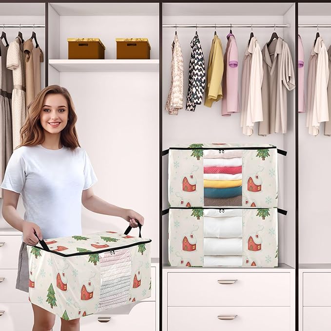 Burbuja 2 Pack Storage Bag Organizer with Handles for Clothes, Blankets, Bedding, Winter House Tree Foldable Storage Bag with Zipper & Clear Window, 95L