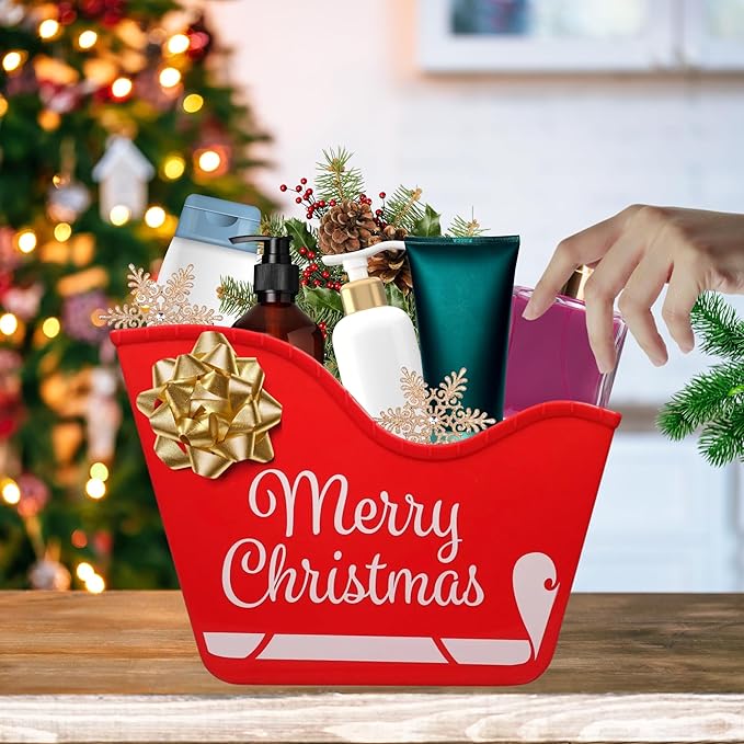 A1U Red Plastic Santa's Sleigh-Shaped Bins, Christmas Holiday Red Stackable Desk Storage Containers Organizer Holder Basket Caddy Gifts Favor Table Home Kitchen Versatile Reusable Decorations, 2 ct.