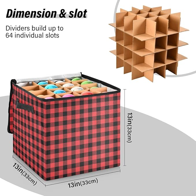 Red Buffalo Plaid Christmas Ornament Storage Basket Box Winter Xmas Holiday Storage Container Cube with Adjustable Dividers for 64 Holiday Ornaments or Decorations Keeps Clean and Dry for Next Season